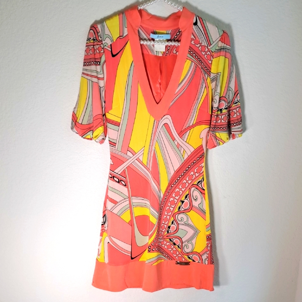 Marciano Vintage Y2K Dress Small A-line Geometric Deep V Lined Elastic Sleeve